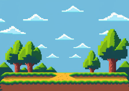 Arcade game world design, Pixel scene art retro and videogame theme illustrationの素材