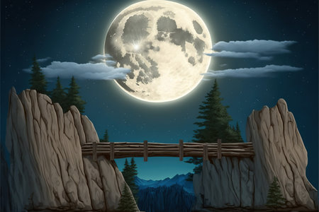 Fantasy landscape with wooden bridge and full moon in the night skyの素材