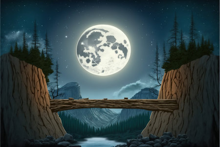 Fantasy landscape with a bridge over the river at night. illustrationの素材