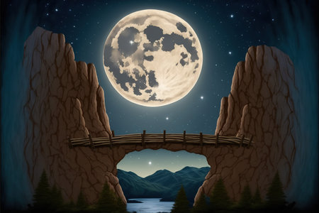 Illustration of a wooden bridge over a lake at night with full moonの素材