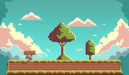 Arcade game world design, Pixel scene art retro and videogame theme illustrationの素材