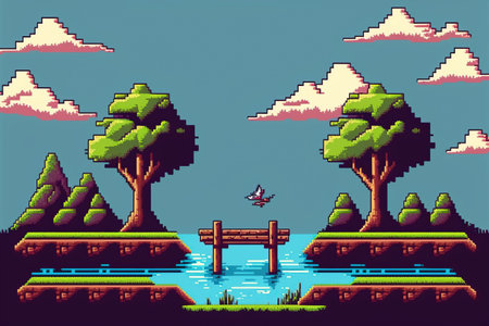 Arcade game world design, Pixel scene art retro and videogame theme Vector illustrationの素材