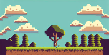 pixelated landscape with trees and mountains in retro style vector illustration designの素材
