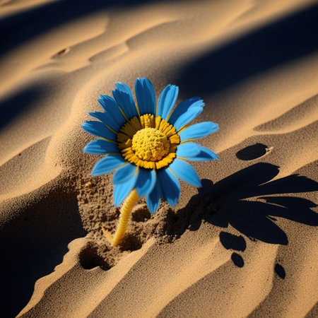 Blue flower in the desert with sand as a background, 3d illustrationの写真素材