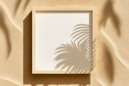 Blank frame on sand background with palm leaf shadow. Mock up, 3D Renderingの写真素材