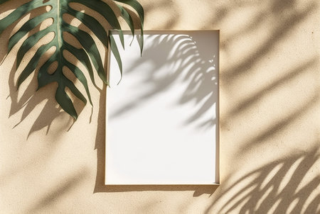 Blank white paper sheet with tropical palm leaf shadow on sand backgroundの写真素材