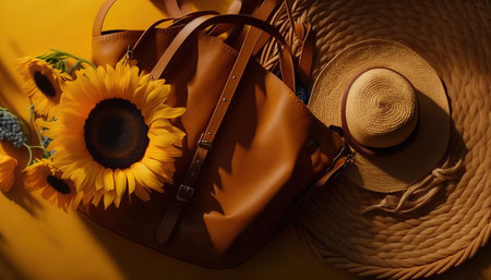 Women's accessories on a yellow background. Straw hat, bag, sunflower.