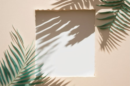 Creative layout made of tropical palm leaves on beige background. Flat lay, top view minimal summer concept.の写真素材