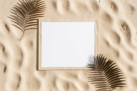 White sheet of paper on the sand with palm leaves. Flat lay, top viewの写真素材