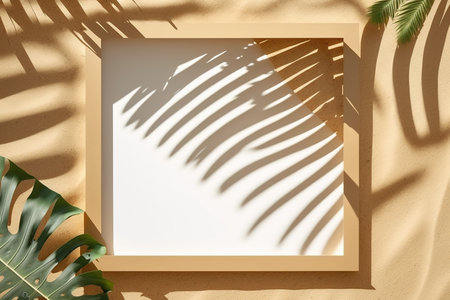 Tropical palm leaves and frame on sand background with shadow overlayの写真素材
