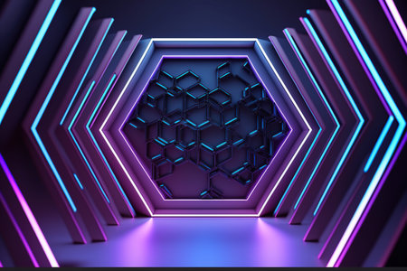 3d render, abstract background with hexagons and neon lights.の写真素材