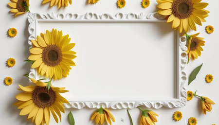 Frame with sunflowers on white background. Flat lay, top view