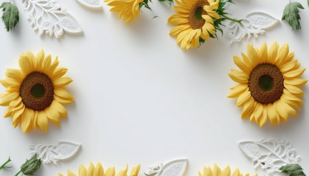 Frame of sunflowers on white background. Flat lay, top viewの写真素材