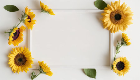 Sunflower frame on white wooden background. Flat lay, top view.の写真素材