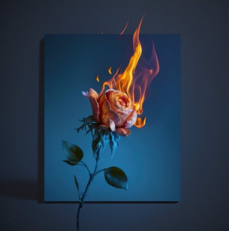 Burning rose on a dark blue background. 3D illustration.の写真素材