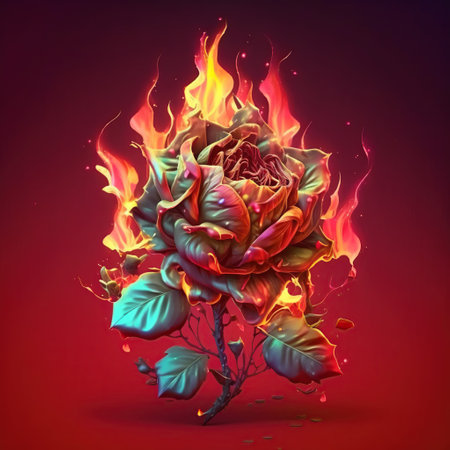 Burning rose in the fire. Illustration on a dark background.の写真素材