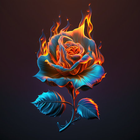 Illustration of a rose with a fire on a dark background.の写真素材