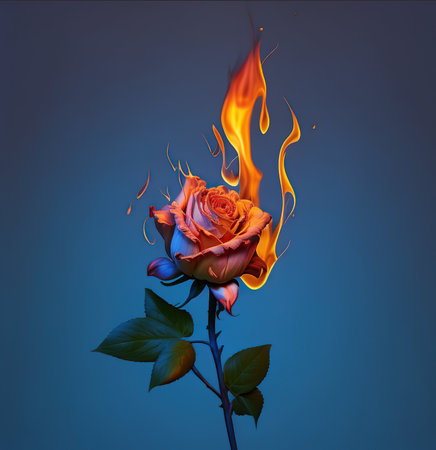 Burning rose on a blue background. Fire in the form of a rose.の写真素材