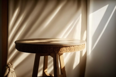 Wooden stool in the room with sunlight and shadow on the wallの写真素材