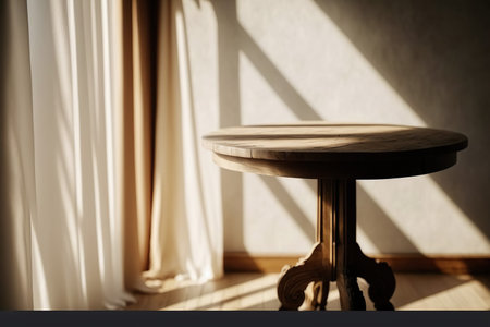 Wooden round table in front of the window. Selective focus.の写真素材