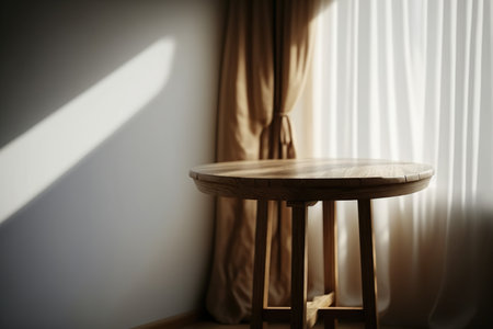 Wooden round table with curtain and sunlight in the room, stock photoの写真素材