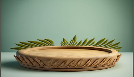 Wooden round podium on green background with palm leaves. 3D renderingの写真素材