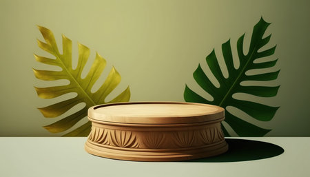 Product display podium with monstera leaves. 3d render illustration.の写真素材