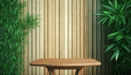 Empty wood table and bamboo wall background. 3d render illustration.の写真素材