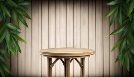 Wooden table and bamboo background. 3d rendering. Computer digital drawing.の写真素材