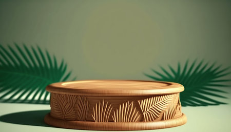 3D rendering of a round podium with palm leaves on a green backgroundの写真素材
