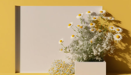 3d render, white daisies in a vase on a yellow backgroundの写真素材