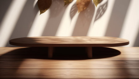 3d render of a wooden table with autumn leaves and shadow overlayの写真素材
