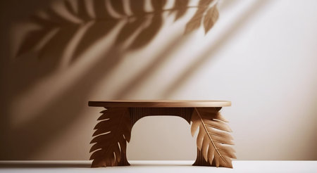 Wooden table with tropical leaves shadow on wall. 3D rendering