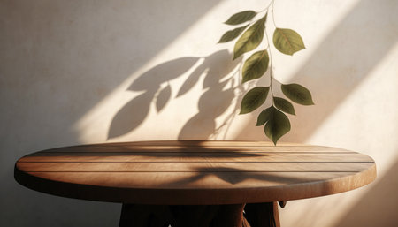 Empty wooden table and shadow of plant on wall. Mock up, 3D Renderingの写真素材