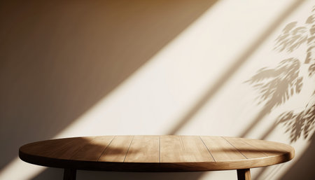 Empty wooden table and shadow of plant on wall. Mock up, 3D Renderingの写真素材
