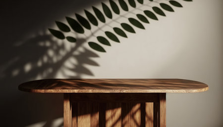 Empty top of natural wooden table or counter with shadows on wall. For product displayの写真素材