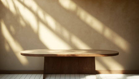 Wooden round table with shadow on the wall. 3d renderingの写真素材