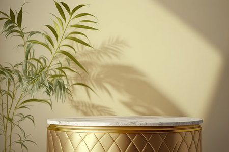 3d render of golden pedestal with palm leaves shadow on wallの写真素材