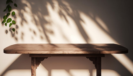 Wooden table in front of wall with shadows. 3D Renderingの写真素材