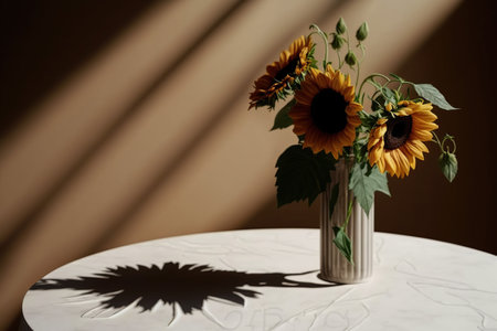 Sunflowers in a vase on a white table with sunlightの写真素材