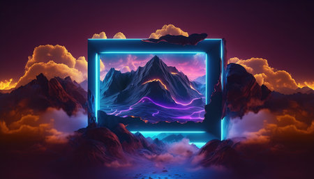 3D illustration of an abstract background with a neon frame and a cloudの写真素材