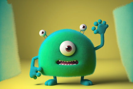 Cute green monster with arms and legs waving, 3d illustrationの素材