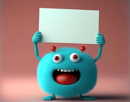 Cartoon monster holding a blank sign with space for text - 3D Illustrationの素材