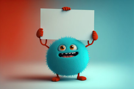 Funny blue monster holding a blank sheet of paper. 3d illustrationの素材