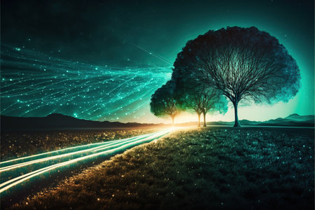 Night landscape with tree, road and lights. 3D Renderingの素材