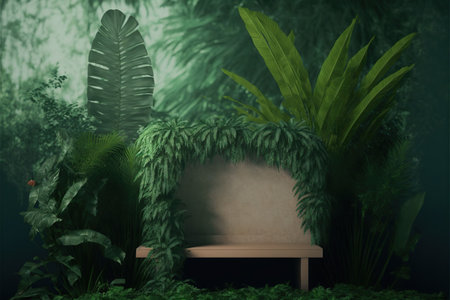 3D rendering of a green tropical garden with a bench and plantsの素材
