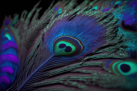 Beautiful peacock feather on a black background. Close-up.の素材