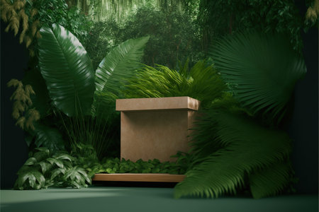 3D rendering of a cardboard box with tropical plants and fernsの素材