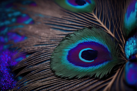 Beautiful peacock feathers close up. Color of the year 2019.の素材