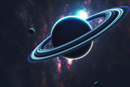 Saturn in space with planet and galaxy. 3D rendering.の素材